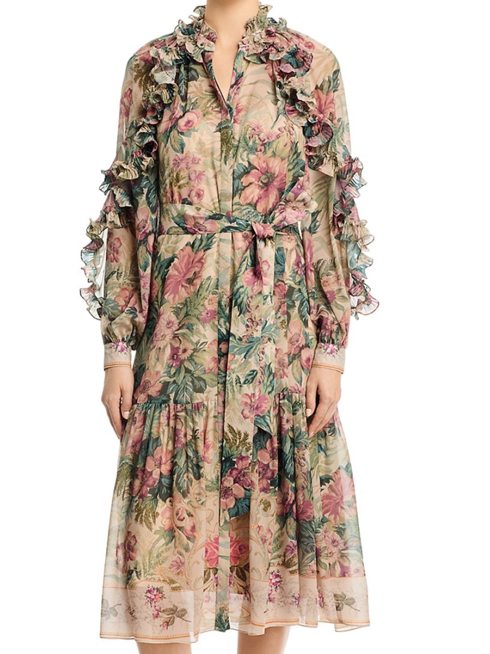 Kobi Halperin Floral Ruffle Midi Dress in Pink and Green - Picture 3 of 6